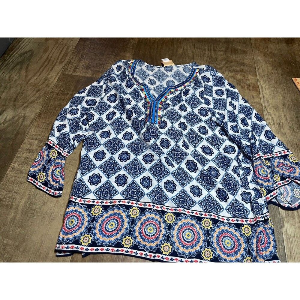 Ruby Rd Top Womens Large L 3/4 Sleeve Blue Embordered